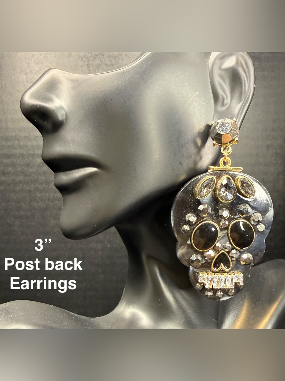 Gold-Tone Crystal Skull Drop Earrings - Black Crystal Accents